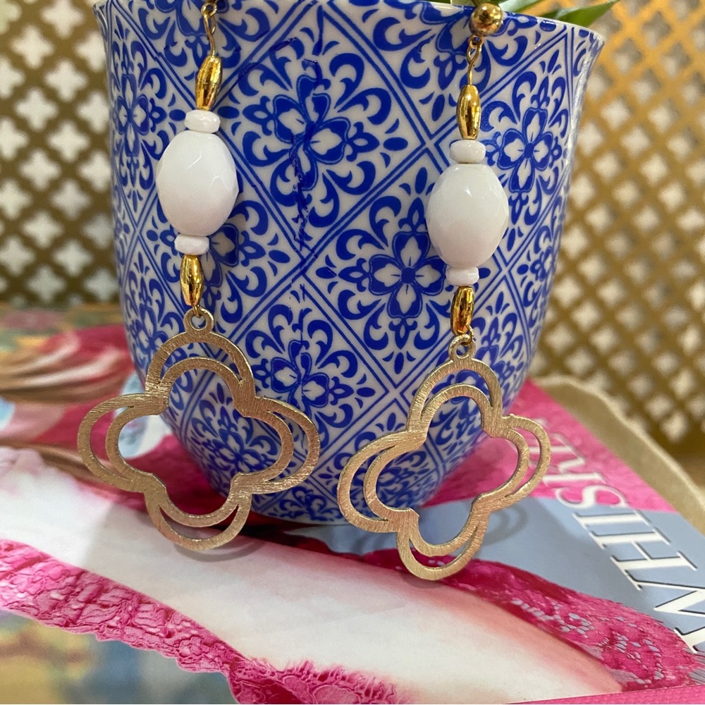 White Stone Quatrefoil Earrings